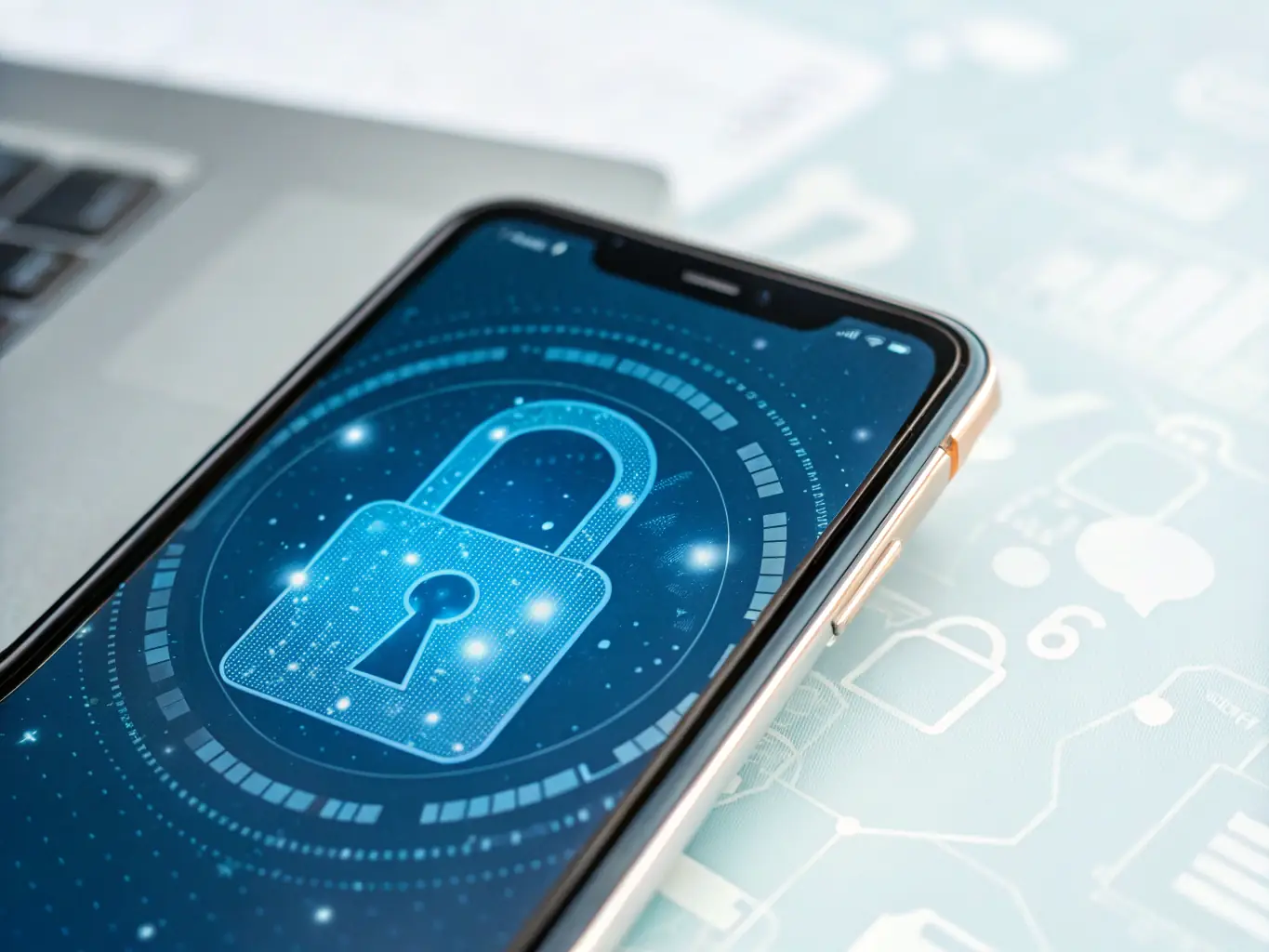 A dynamic graphic showing a mobile phone displaying a real-time fraud alert notification, with a lock icon and urgent warning message, set against a backdrop of digital network connections.